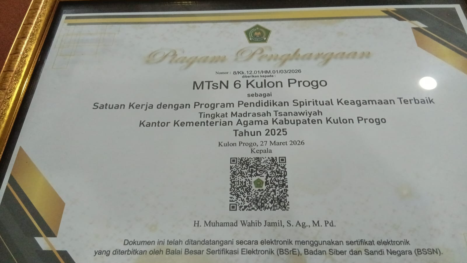 MTsN 6 Kulon Progo Raih Penghargaan Program Pendidikan Spiritual Keagamaan Terbaik